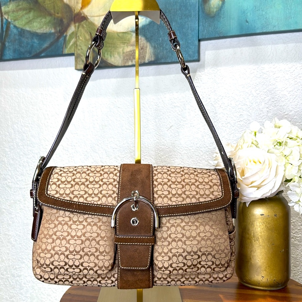 Coach Vintage Beige Brown Monogram Canvas With Brown Suede Soho Shoulder Bag